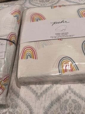 Pehr Sweet Dreams Rainbow Crib Sheet and swaddle blanket. NWT